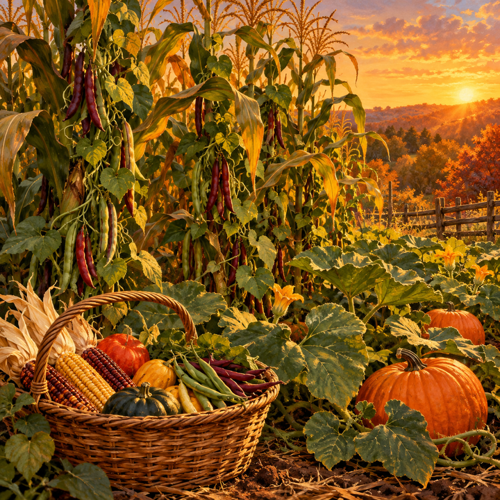 A Three Sisters garden of corn, beans and squash