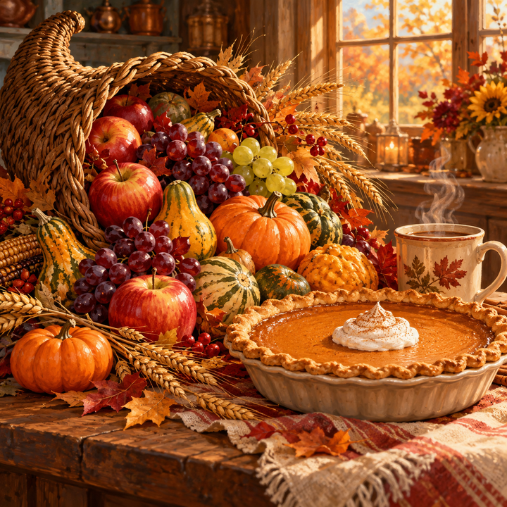 A cornucopia with a golden pumpkin pie